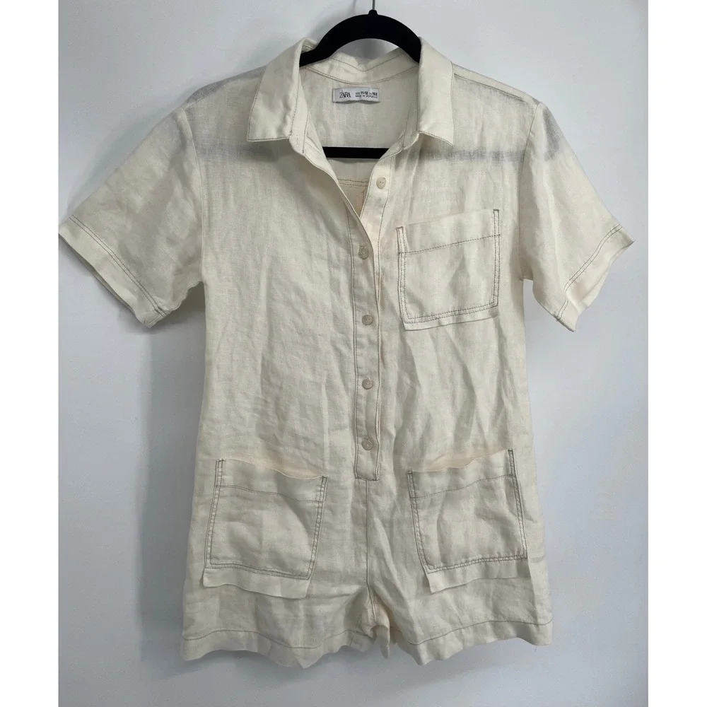 Zara 100% Linen Romper Jumpsuit Sheer Cream Beige Utility Beach Travel Size‎ XS